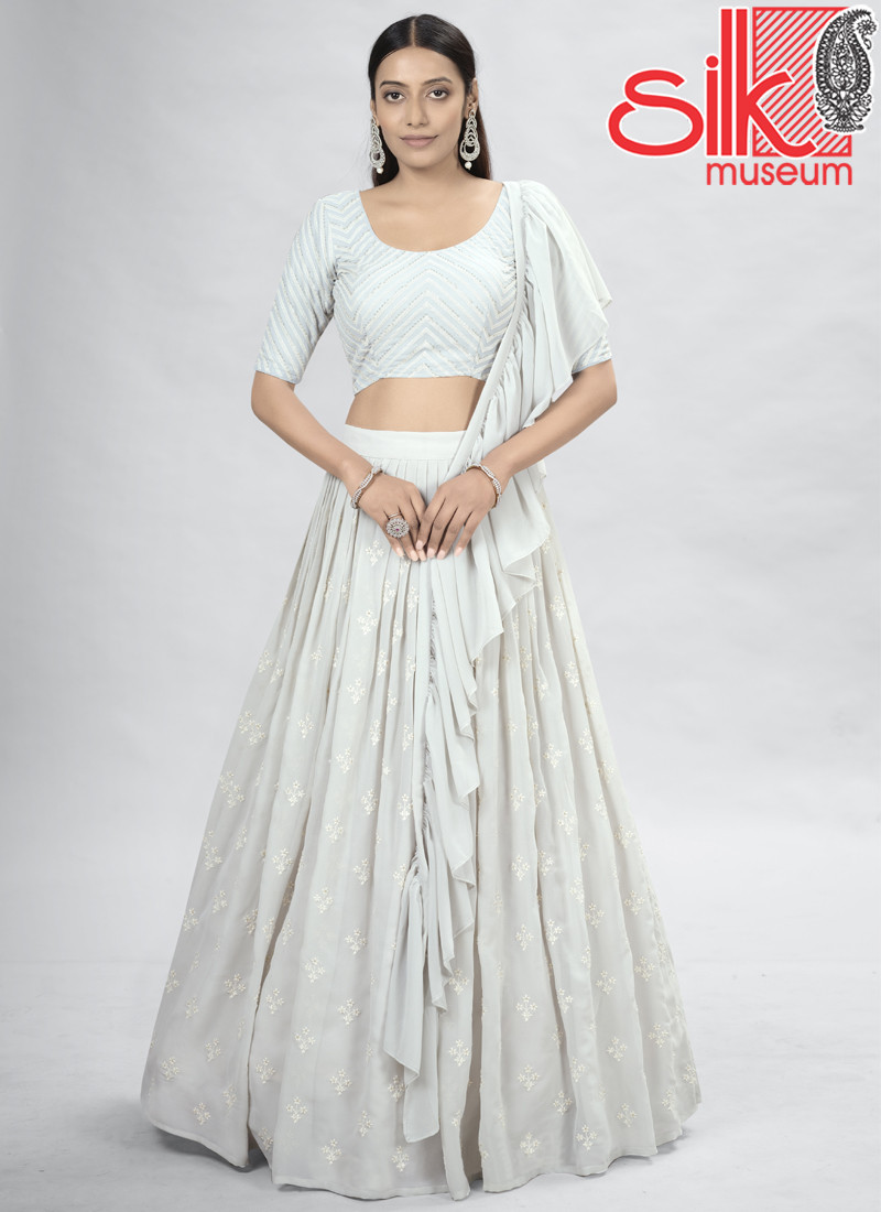 14928 Off-White Georgette Lehenga With Thread & Sequins