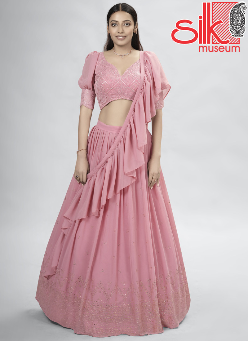 14931 Pink Georgette Lehenga With Mukaish,Thread & Sequins Work