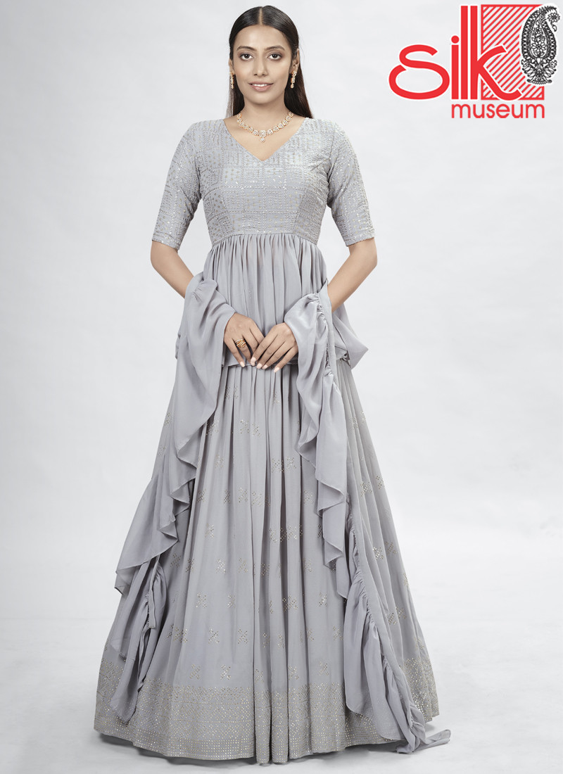 14932 Grey Georgette Lehenga With Mukaish,Thread & Sequins Work