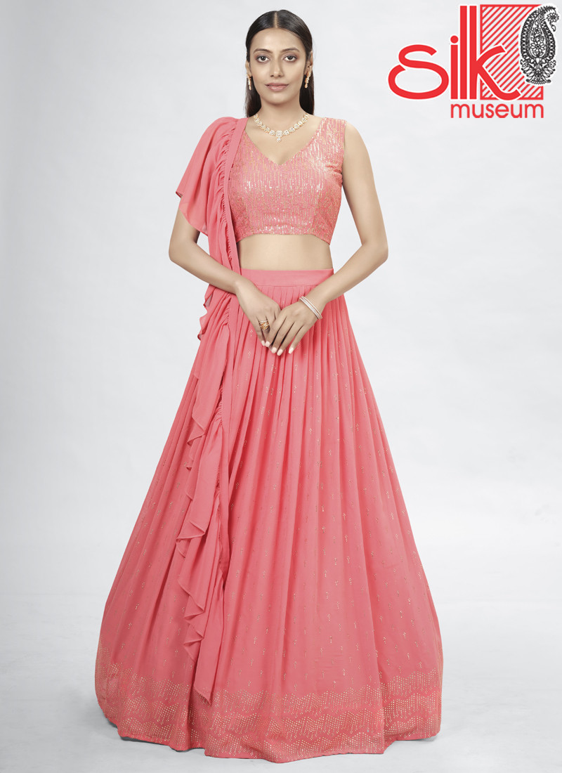 14933 Coral Georgette Lehenga With Mukaish,Thread & Sequins Work