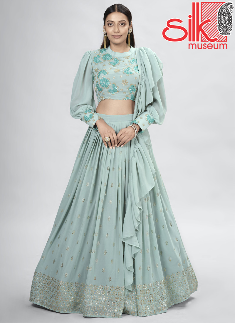 14934 Sea Green Georgette Lehenga With Mukaish,Thread & Sequins Work