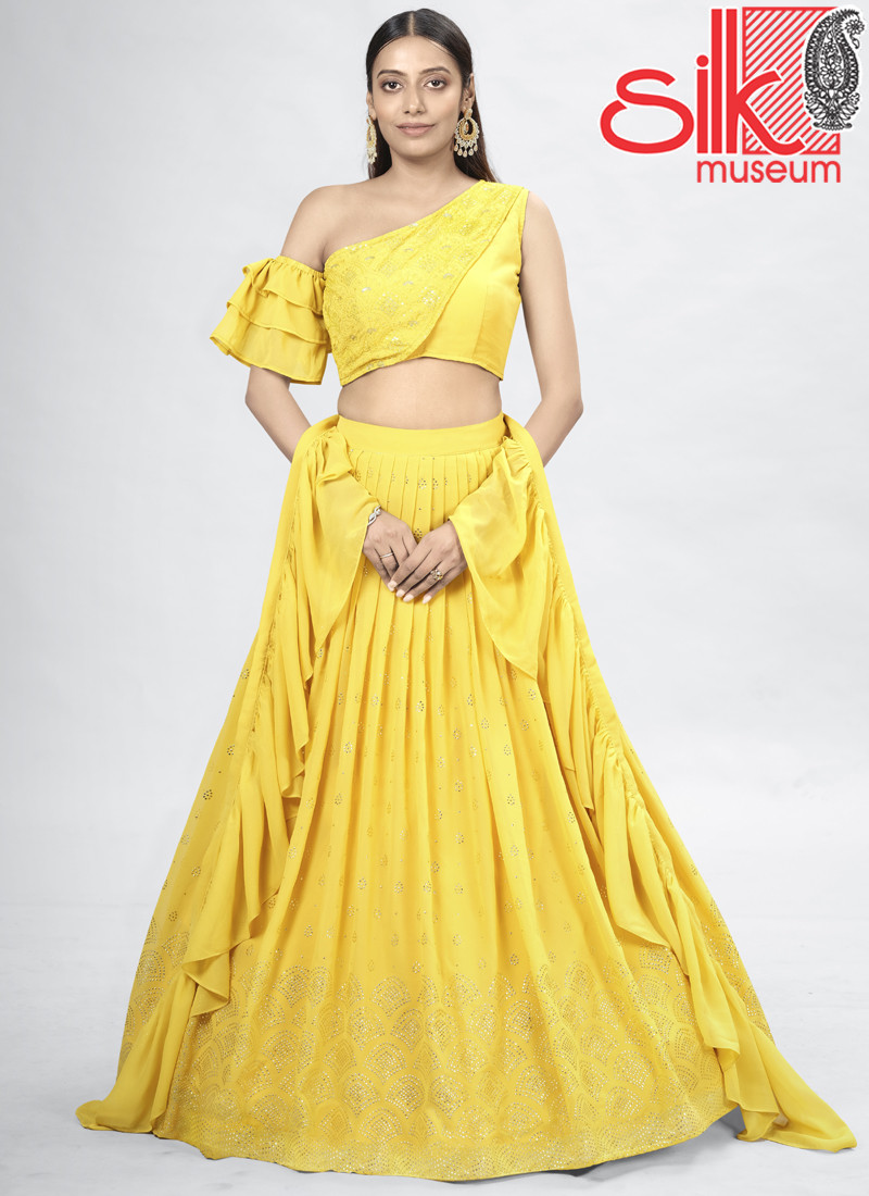 14935 Yellow Georgette Lehenga With Mukaish,Thread & Sequins Work