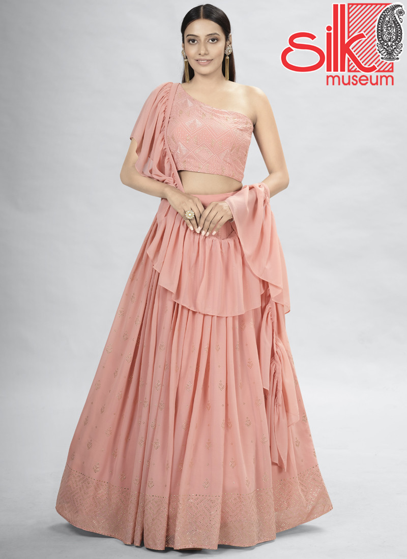 14936 Peach Georgette Lehenga With Mukaish,Thread & Sequins Work
