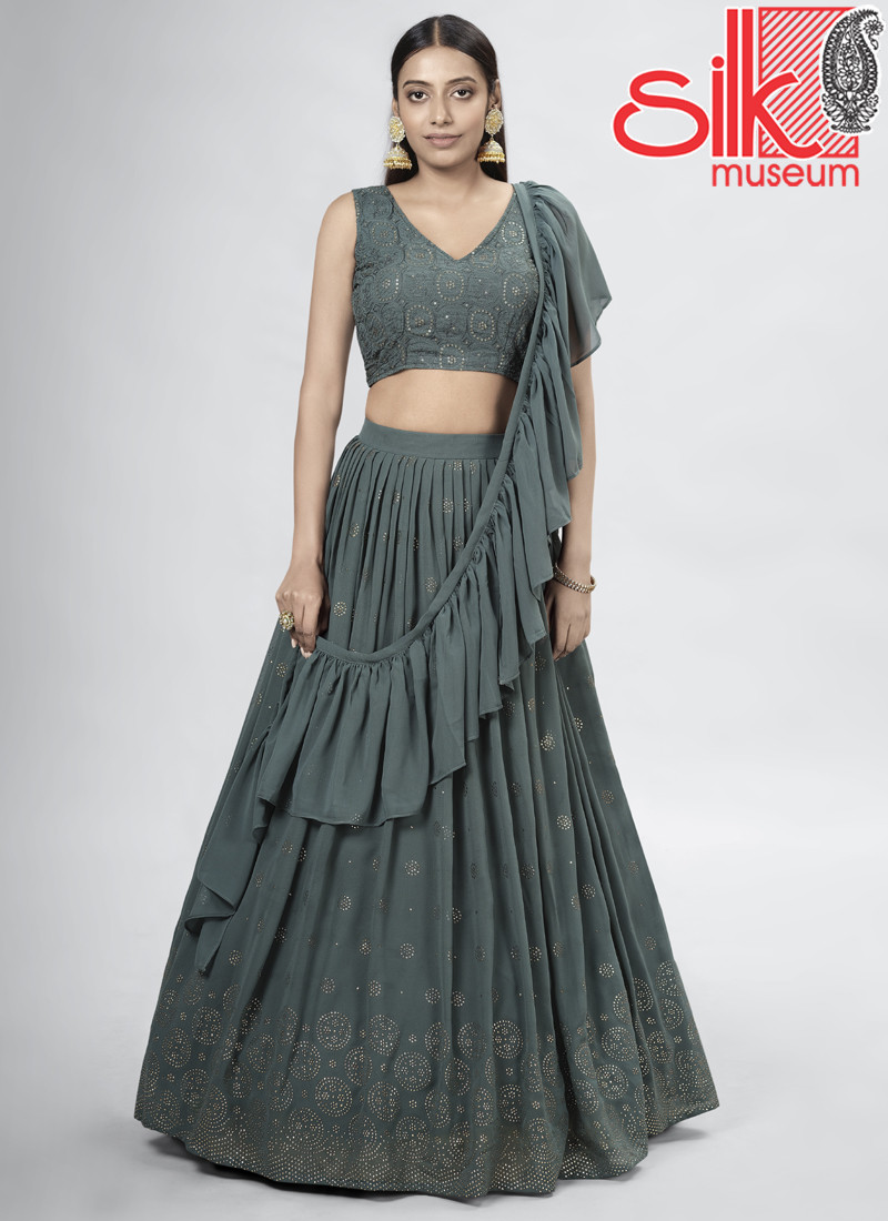 14937 Dark Green Georgette Lehenga With Mukaish,Thread & Sequins Work