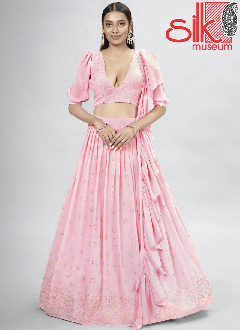14939 Baby Pink Georgette Lehenga With Mukaish,Thread & Sequins Work