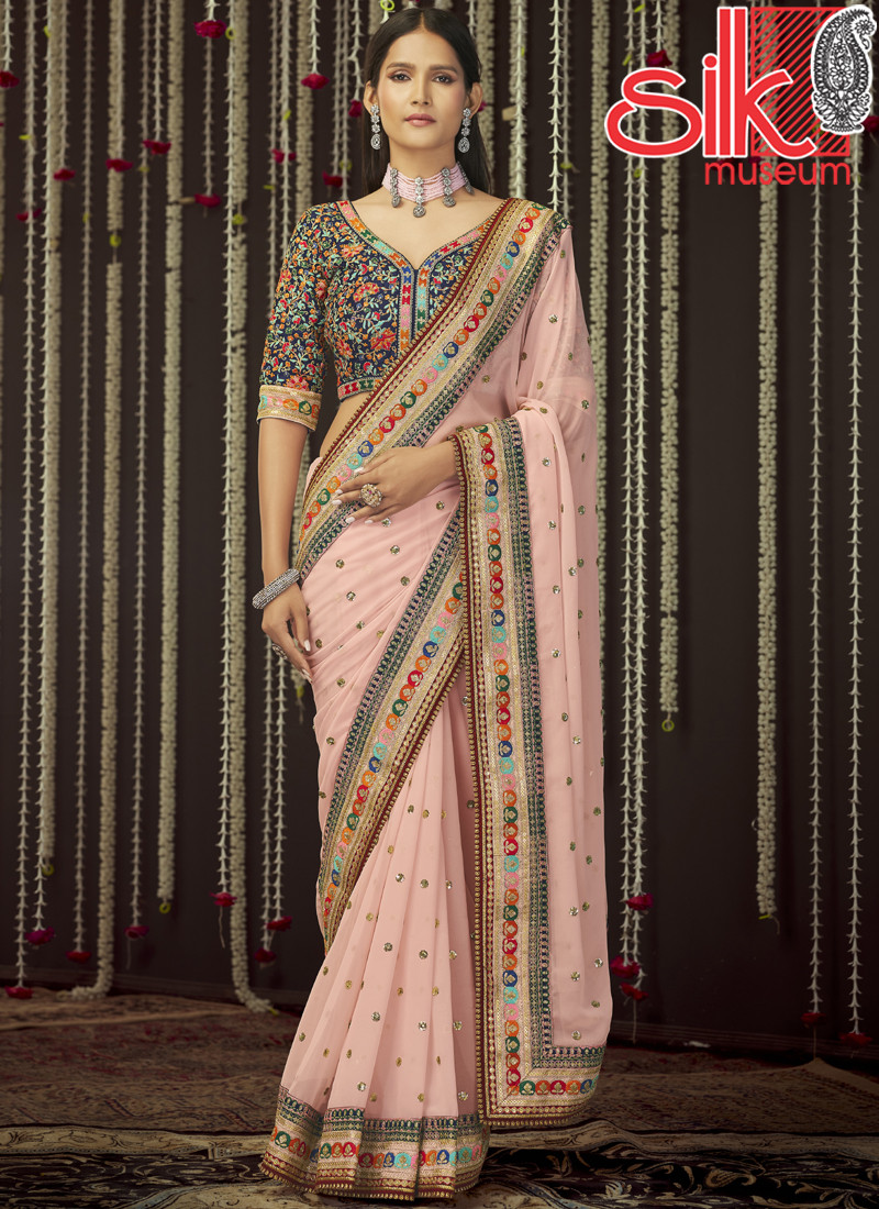14941 Baby Pink Saree Art Silk,Georgette With Zari,Thread & Sequins Work