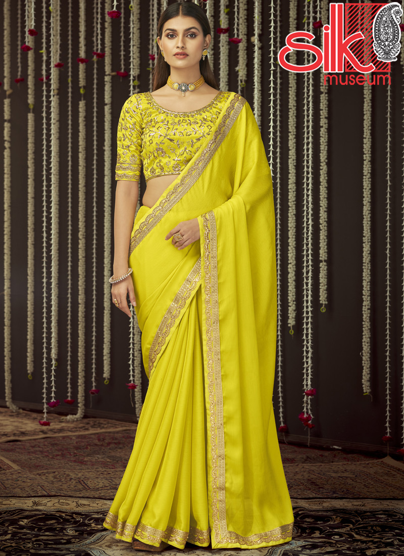 14942 Yellow Saree Chinon Silk With Zari & Sequins Work