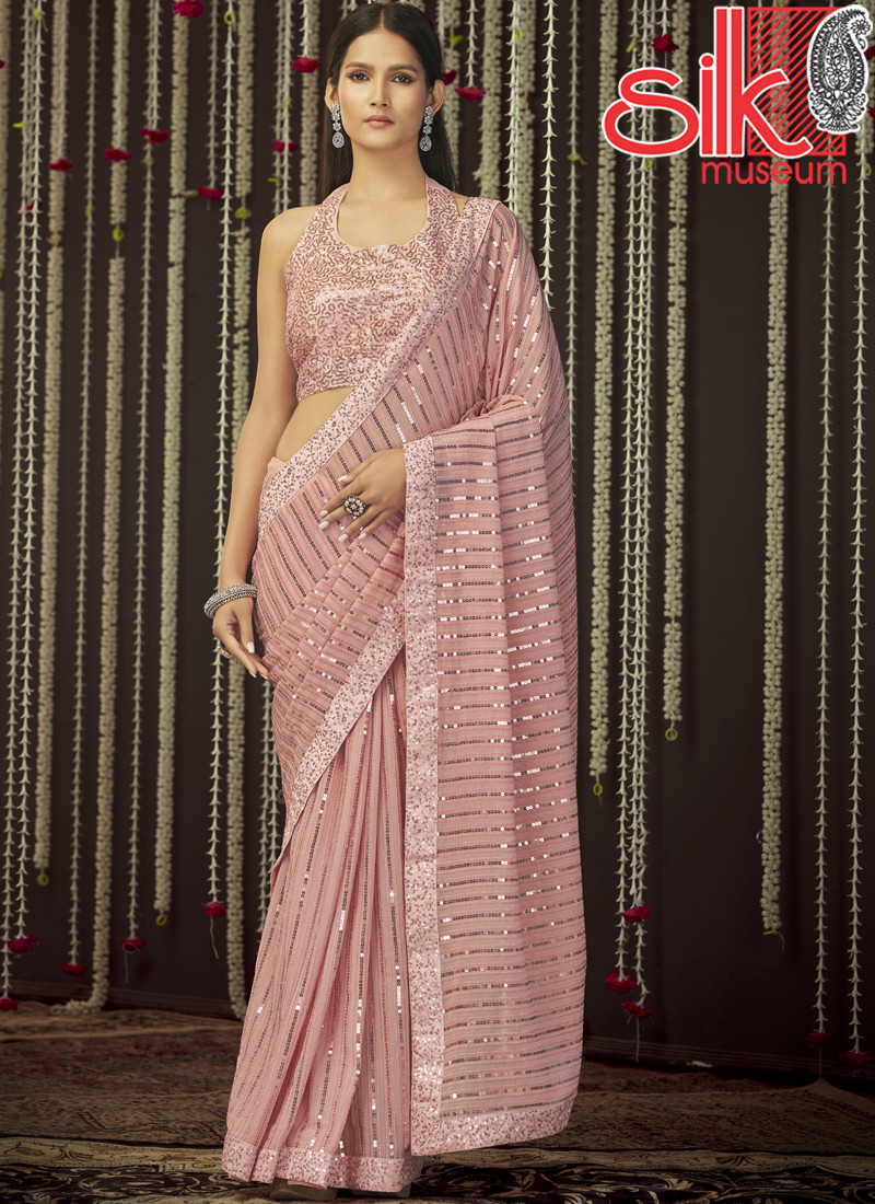 14943 Baby Pink Saree Art Silk,Georgette With Thread & Sequins Work