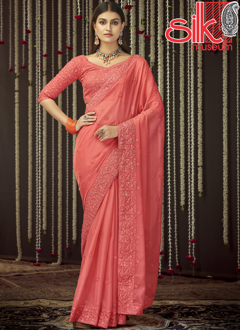 14944 Peach Organza Saree With Thread & Zari Work