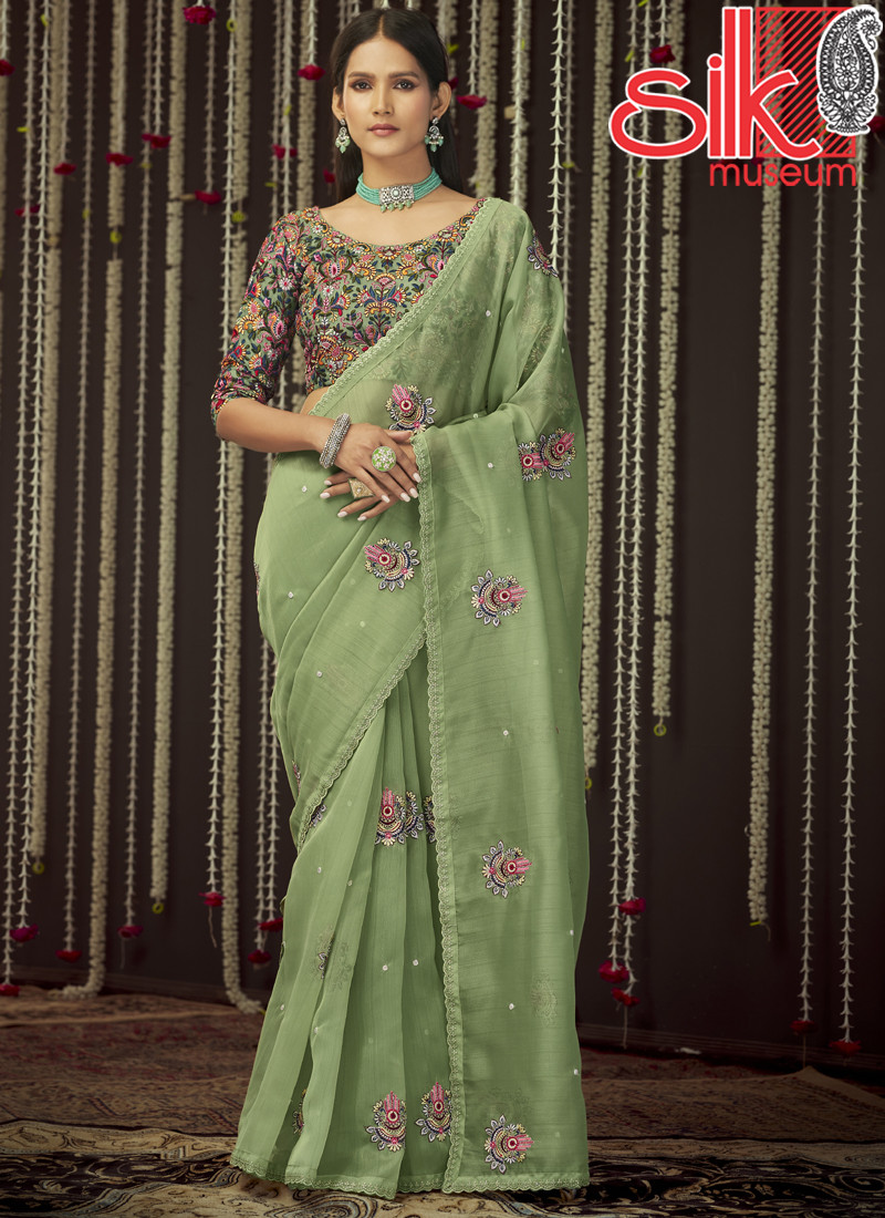 14945 Olive Green Organza Saree With Thread & Sequins Work