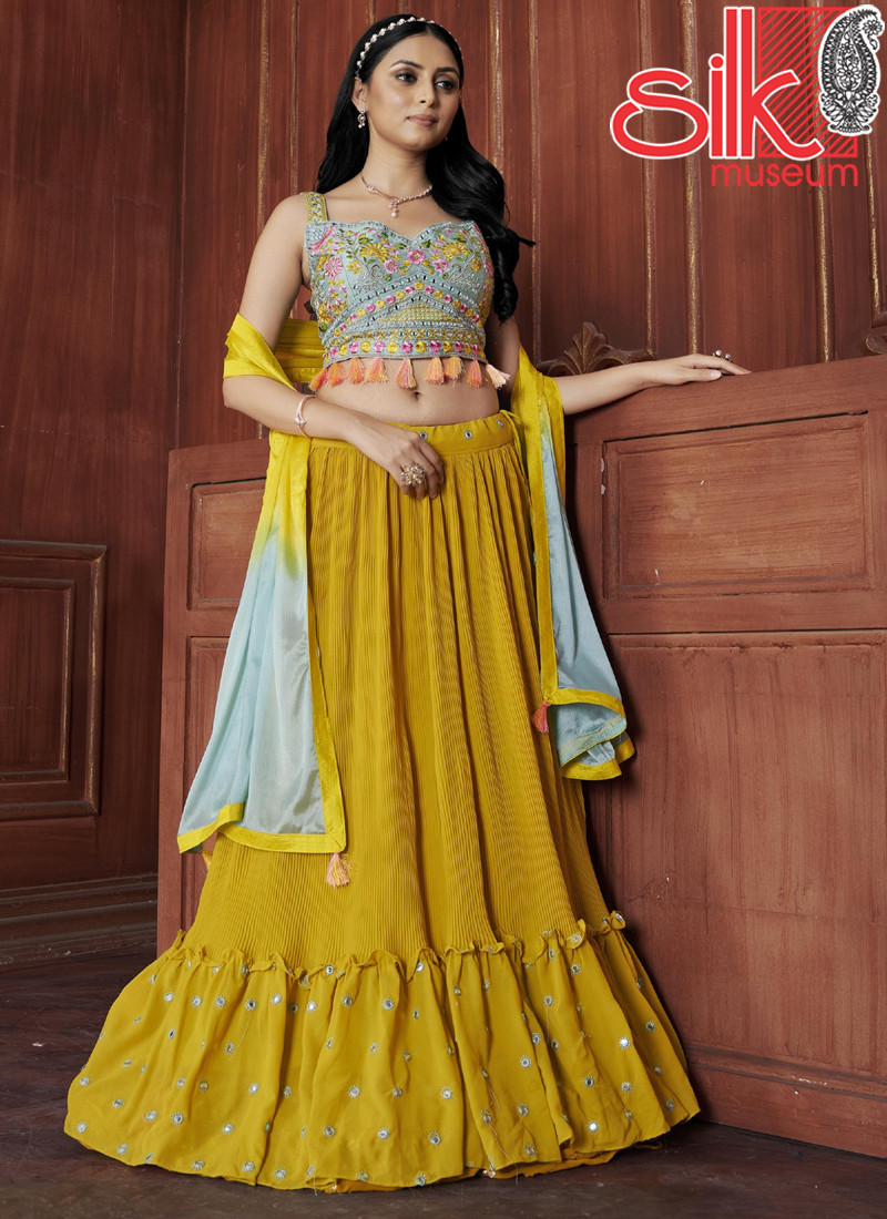 14946 Yellow Georgette Lehenga With Zari & Hand Embroidery Work