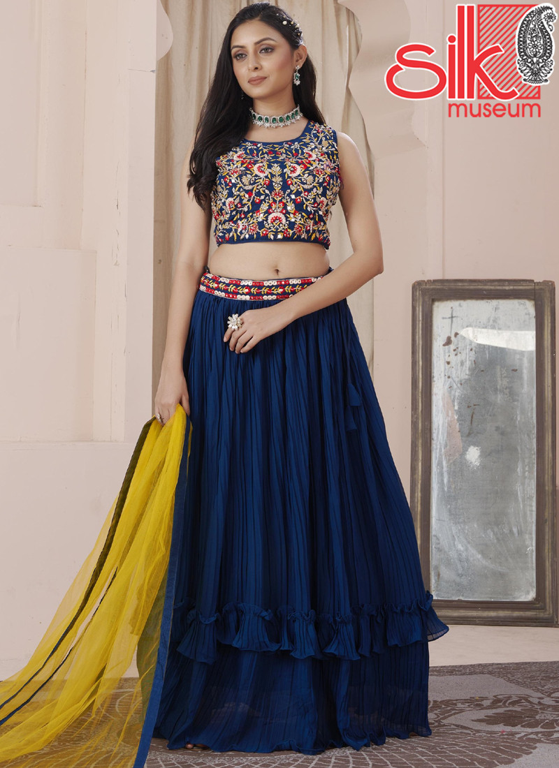 14948 Navy Blue Georgette Lehenga With Zari & Hand Embroidery Work