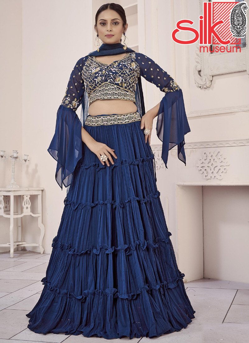 14949 Blue Georgette Lehenga With Zari & Hand Embroidery Work