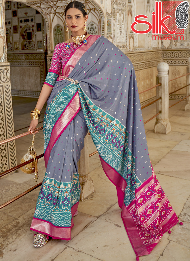 14951 Grey Patola Silk Sarees With Diamond & Sparkle Blouse