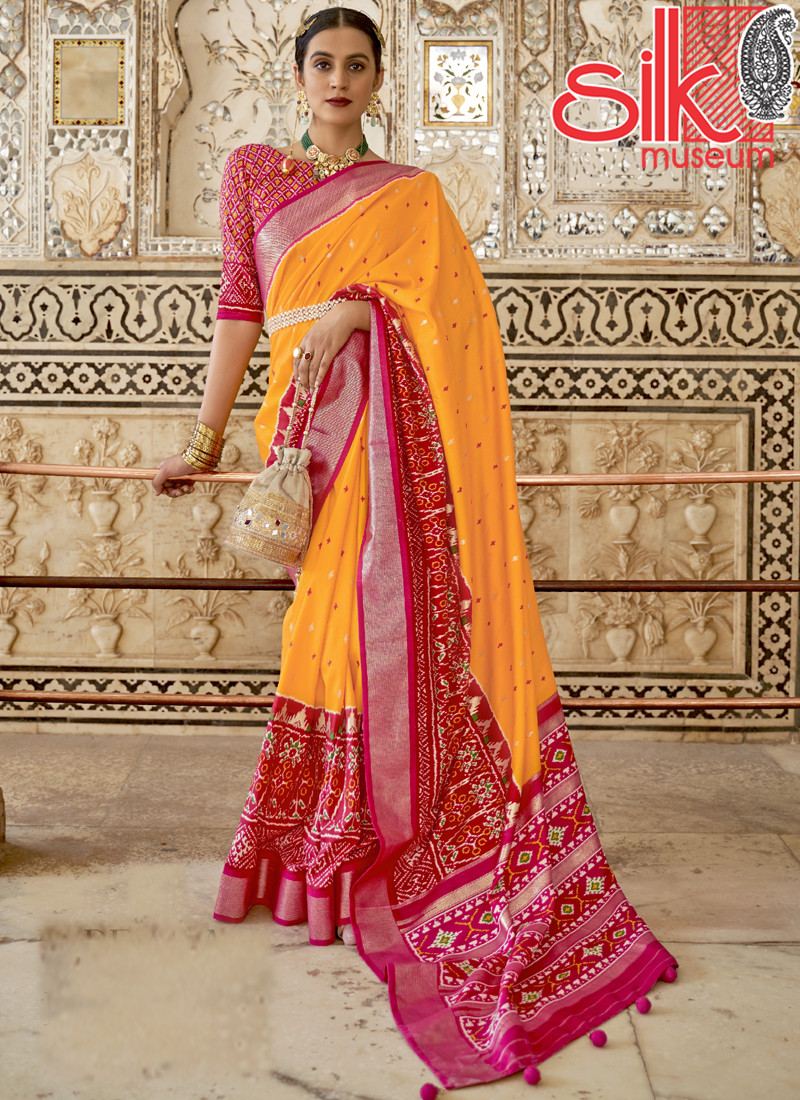 14952 Yellow Rani Patola Silk Sarees With Diamond & Sparkle Blouse