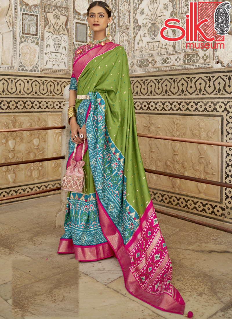 14953 Parrot Green Patola Silk Sarees With Diamond & Sparkle Blouse