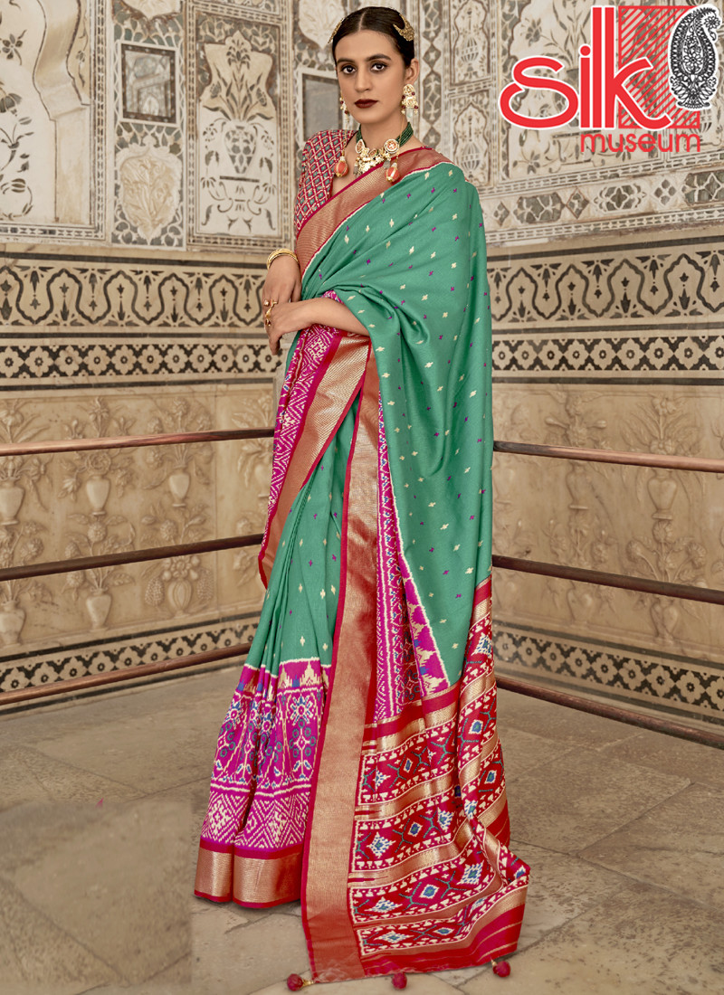 14954 Rama Green Patola Silk Sarees With Diamond & Sparkle Blouse