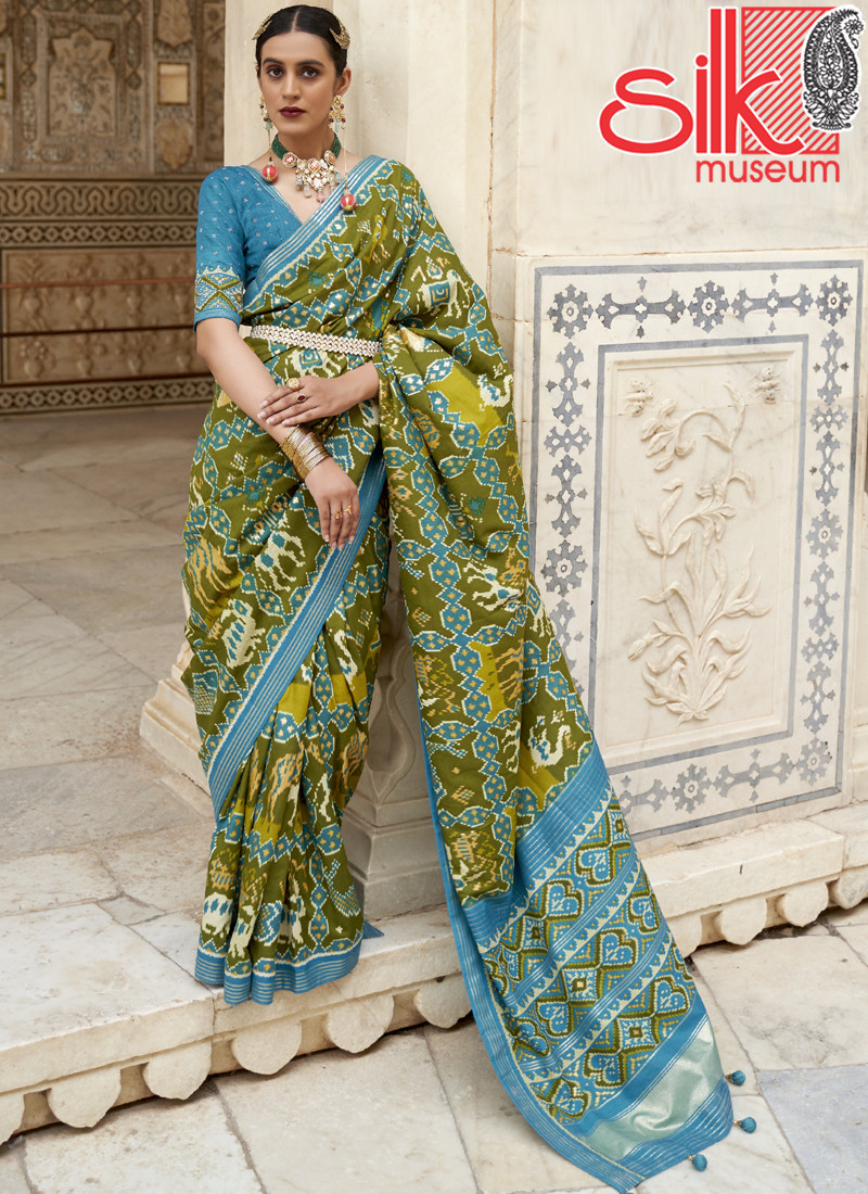 14955 Green Sky Patola Silk Sarees With Diamond & Sparkle Blouse