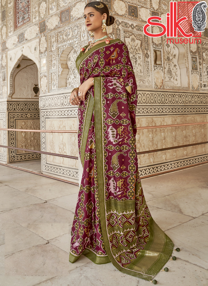 Wine Patola Silk Sarees With Diamond & Sparkle Blouse