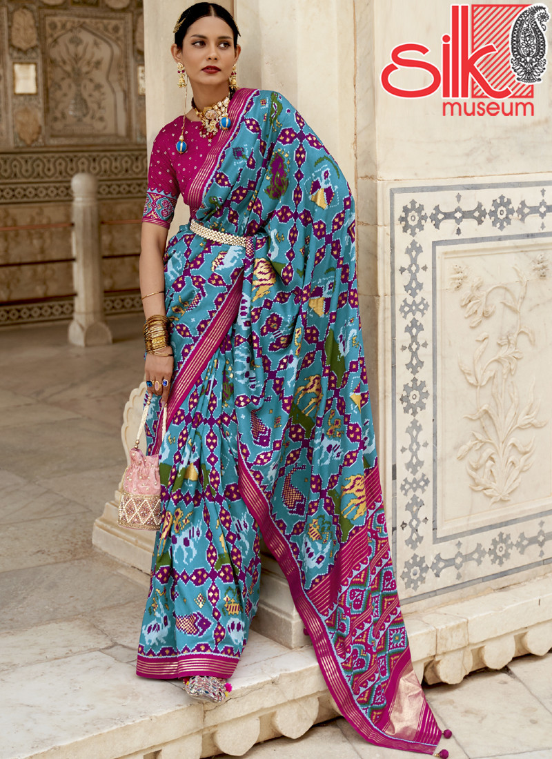 Sky Blue Patola Silk Sarees With Diamond & Sparkle Blouse