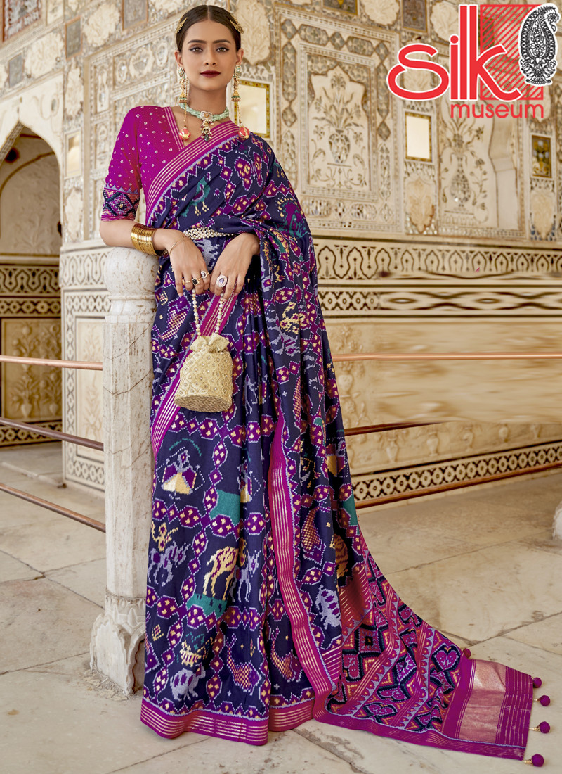14958 Blue Patola Silk Sarees With Diamond & Sparkle Blouse