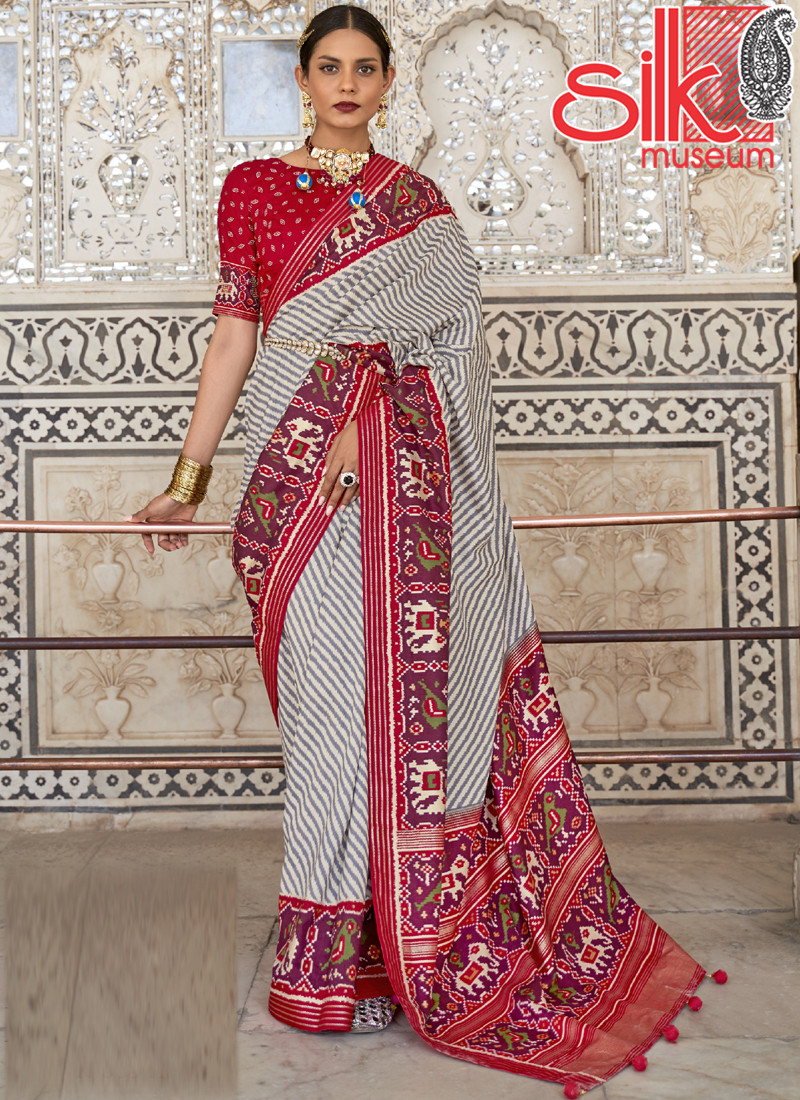 14960 Red Patola Silk Sarees With Diamond & Sparkle Blouse