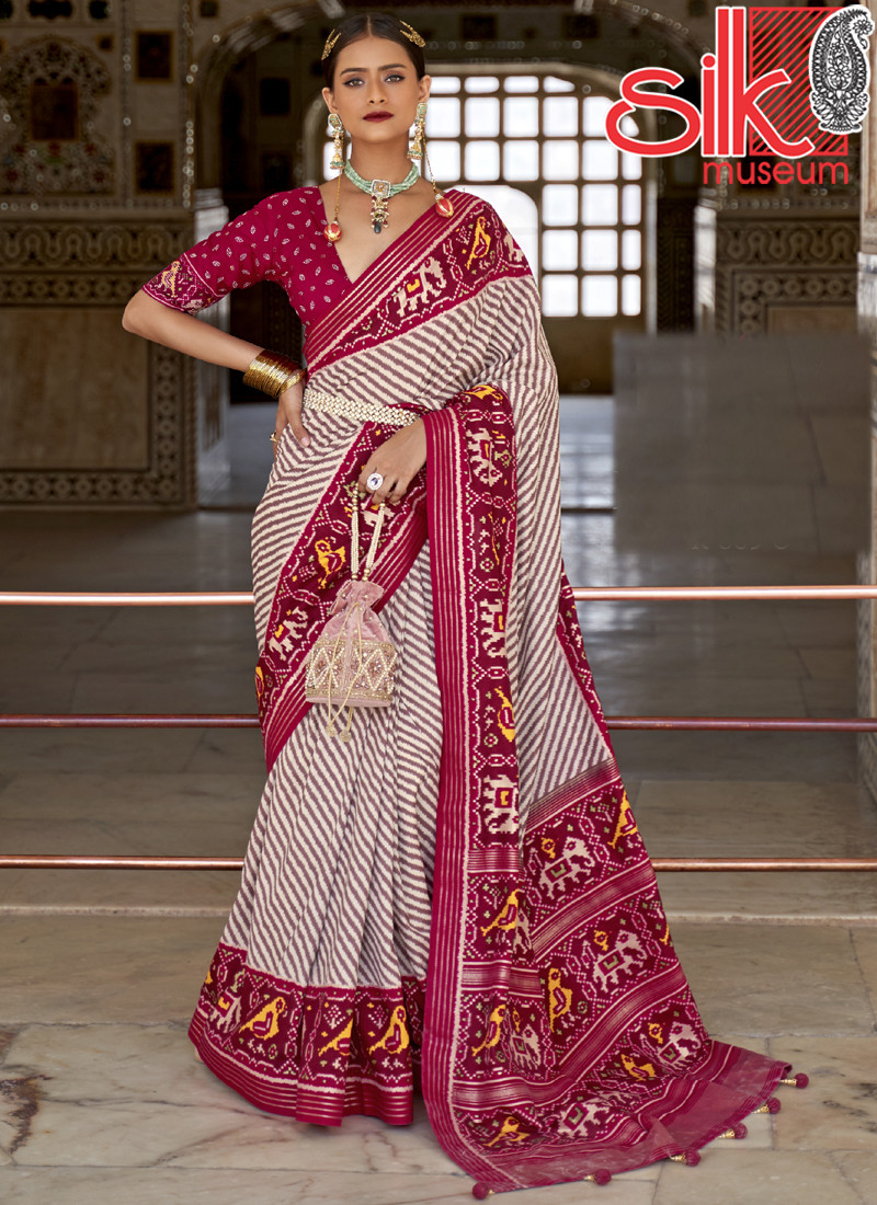 14962 Wine Cream Patola Silk Sarees With Diamond & Sparkle Blouse