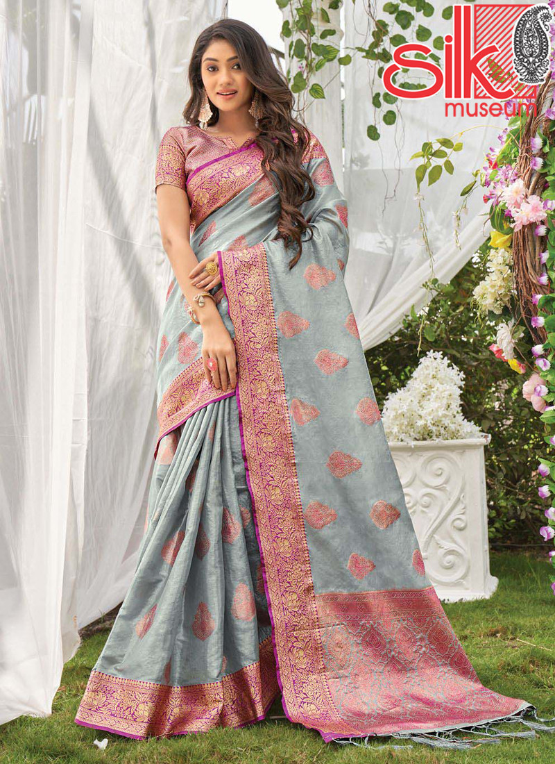 14964 Grey Organza Saree With Heavy Zari Wevon Designer Work