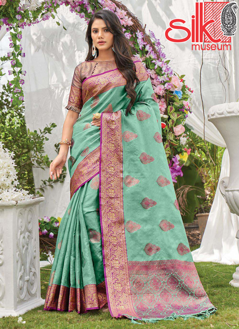 14965 Sea Green Organza Saree With Heavy Zari Wevon Designer Work