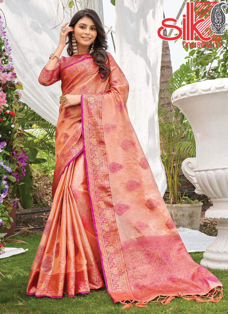 14966 Peach Organza Saree With Heavy Zari Wevon Designer Work