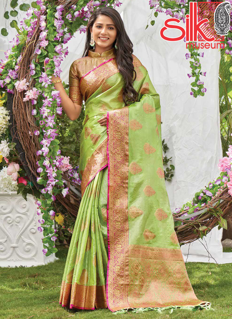 14967 Green Organza Saree With Heavy Zari Wevon Designer Work