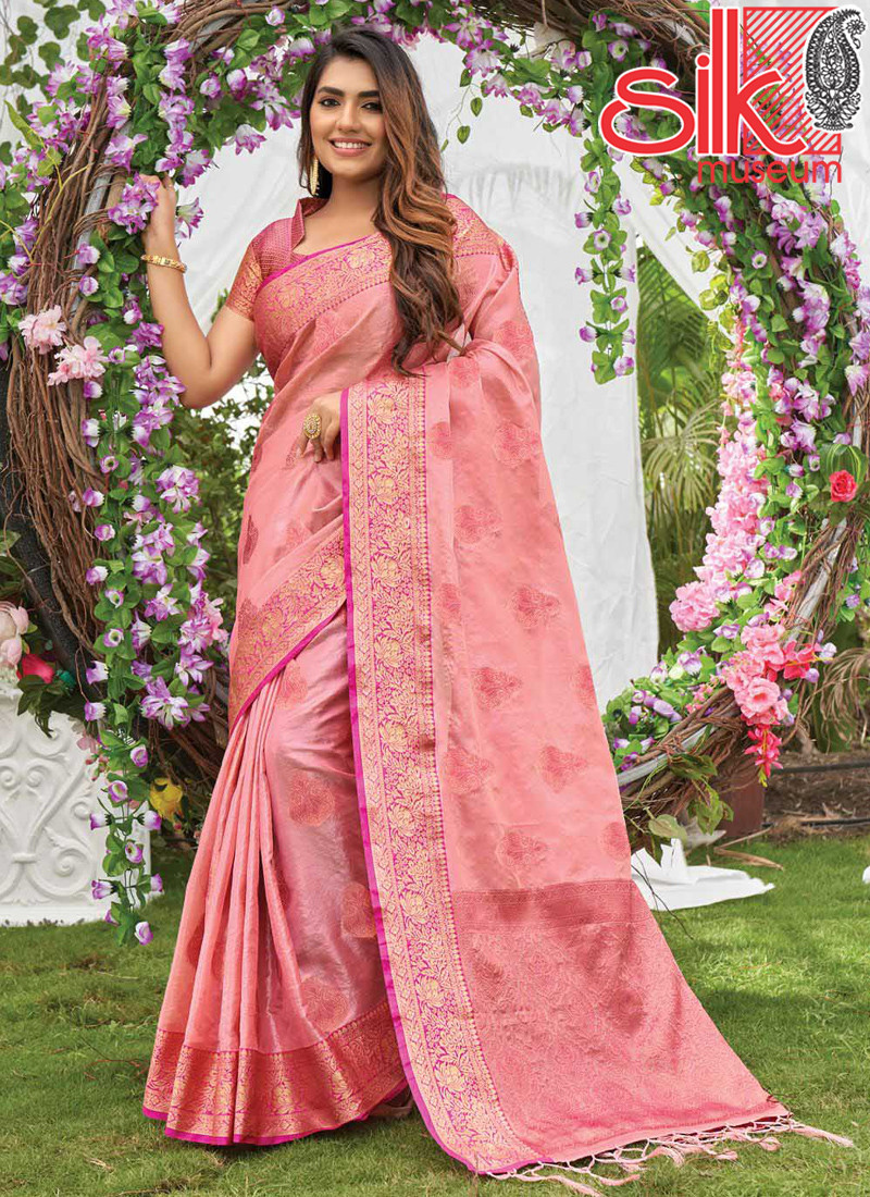 Pink Organza Saree With Heavy Zari Wevon Designer Work