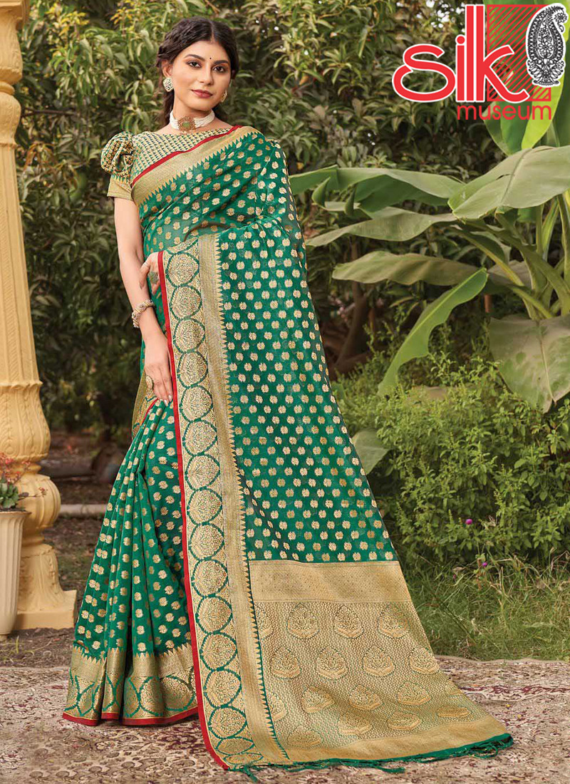 14970 Heavy Rama Organza Saree With Zari Wevon Designer Work