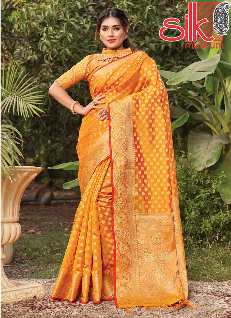 Heavy Mustard Organza Saree With Zari Wevon Designer Work