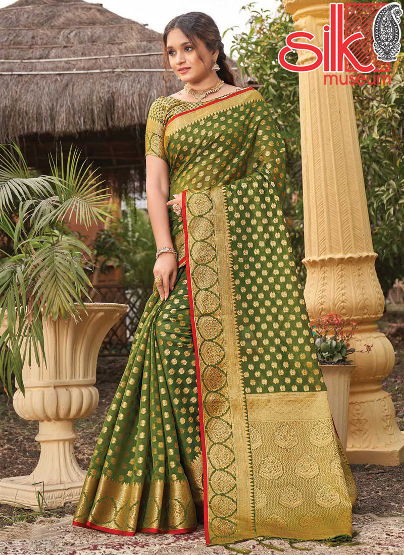 14972 Heavy Mehendi Organza Saree With Zari Wevon Designer Work