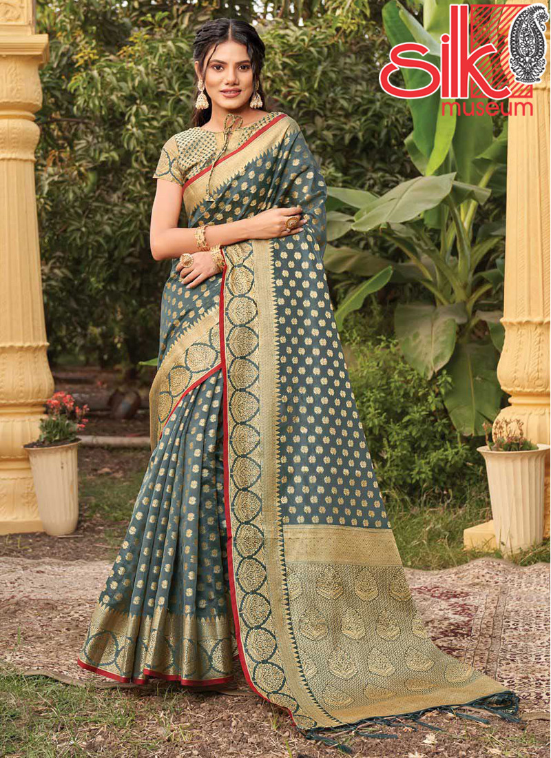 14973 Heavy Grey Organza Saree With Zari Wevon Designer Work