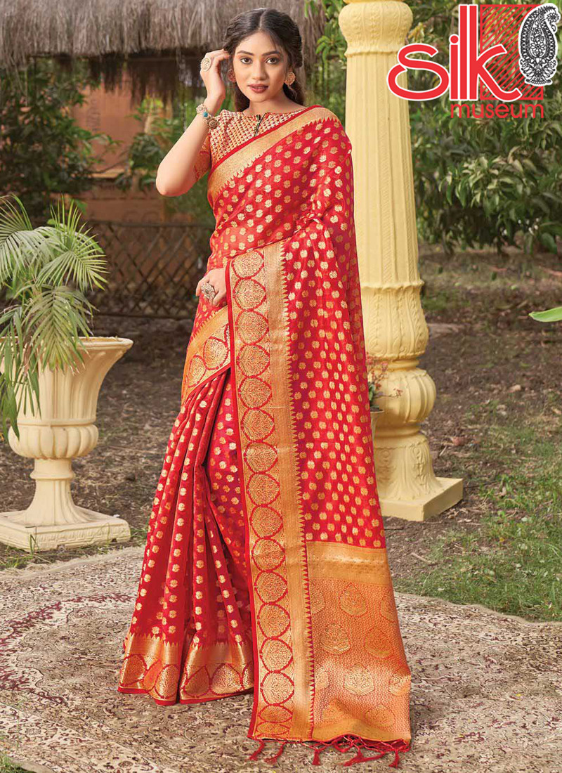 14974 Heavy Red Organza Saree With Zari Wevon Designer Work