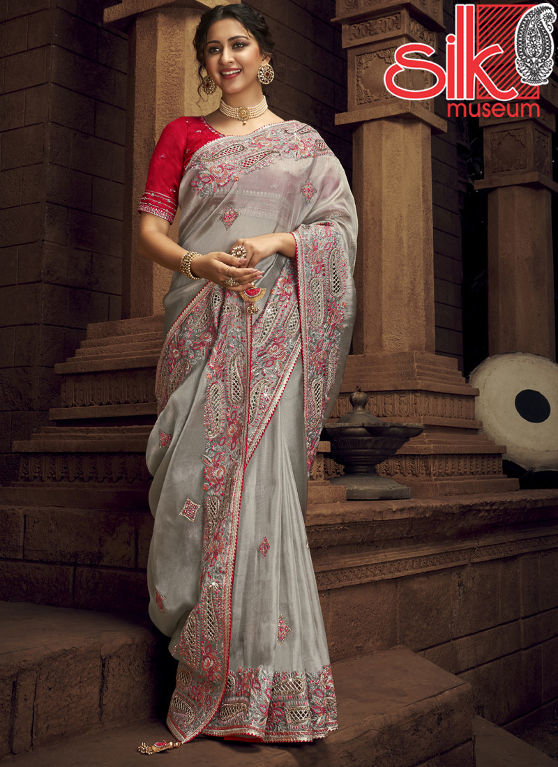 14975 Grey Organza Net Saree With Diamond,Hand & Cut Work
