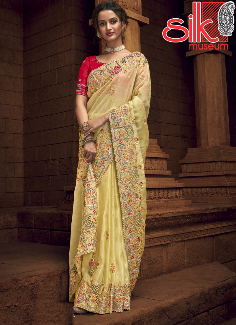 14976 Yellow Organza Net Saree With Diamond,Hand & Cut Work