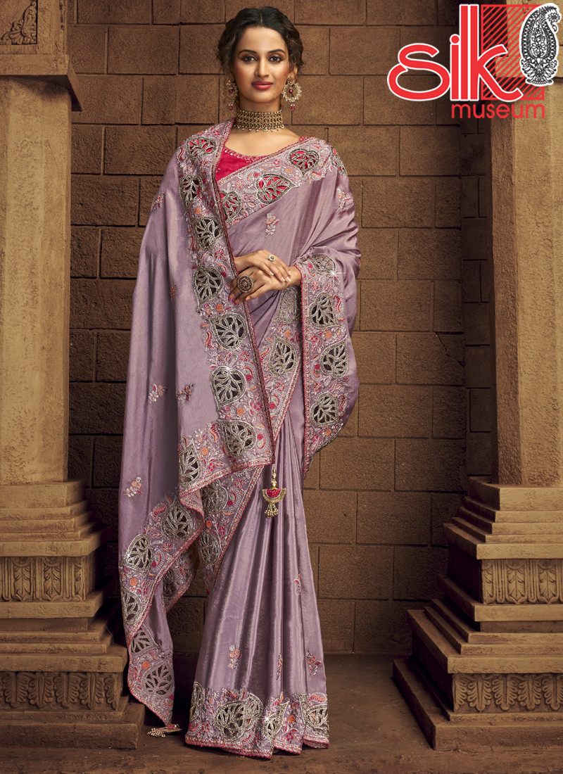 14977 Violet Organza Net Saree With Diamond,Hand & Cut Work