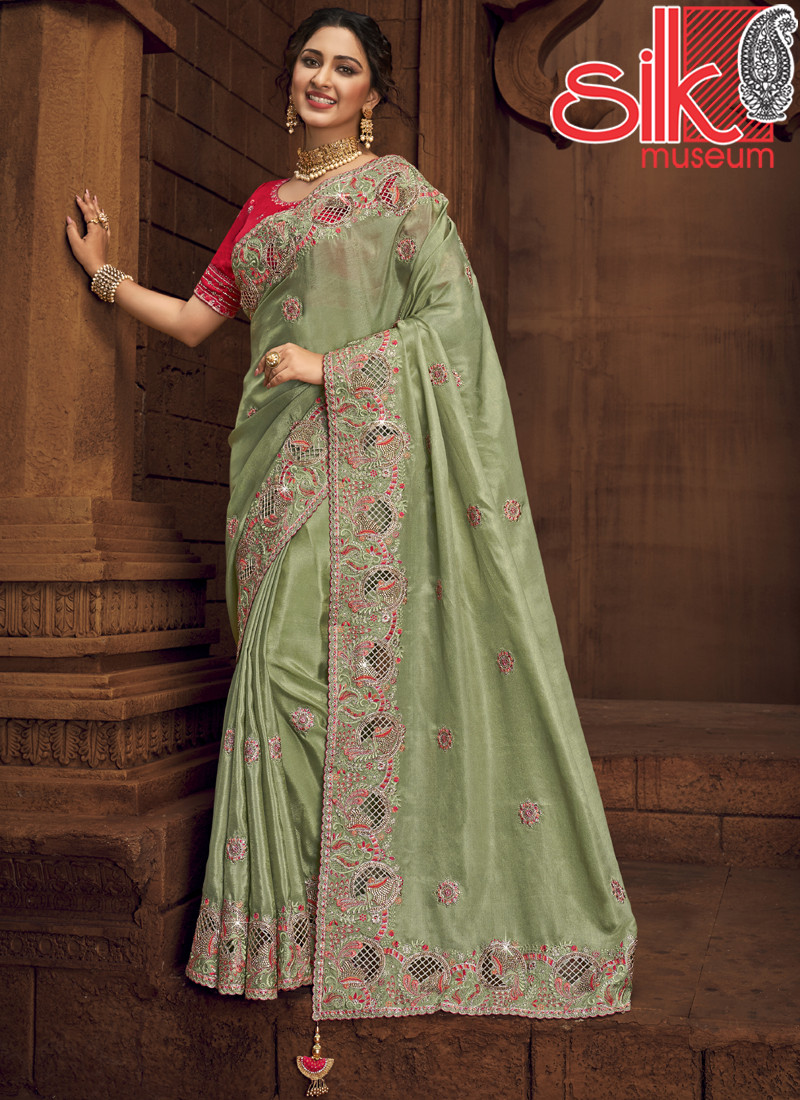14980 Pista Green Organza Net Saree With Diamond,Hand & Cut Work