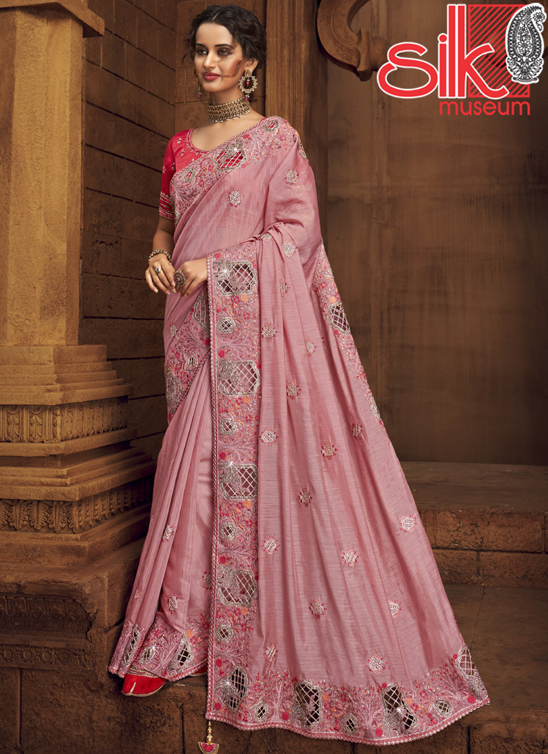 14981 Pink Organza Net Saree With Diamond,Hand & Cut Work