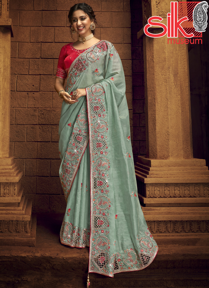14982 Turquoise Organza Net Saree With Diamond,Hand & Cut Work
