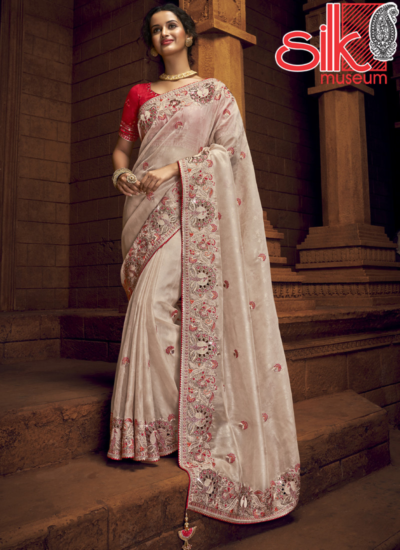 Beige Organza Net Saree With Diamond,Hand & Cut Work