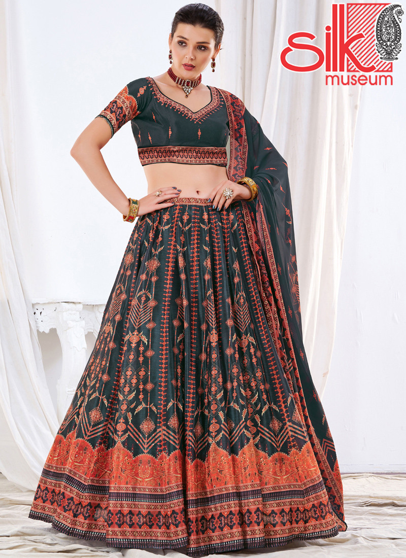 14989 Wedding Designer Black Chinon Lehenga Choli
