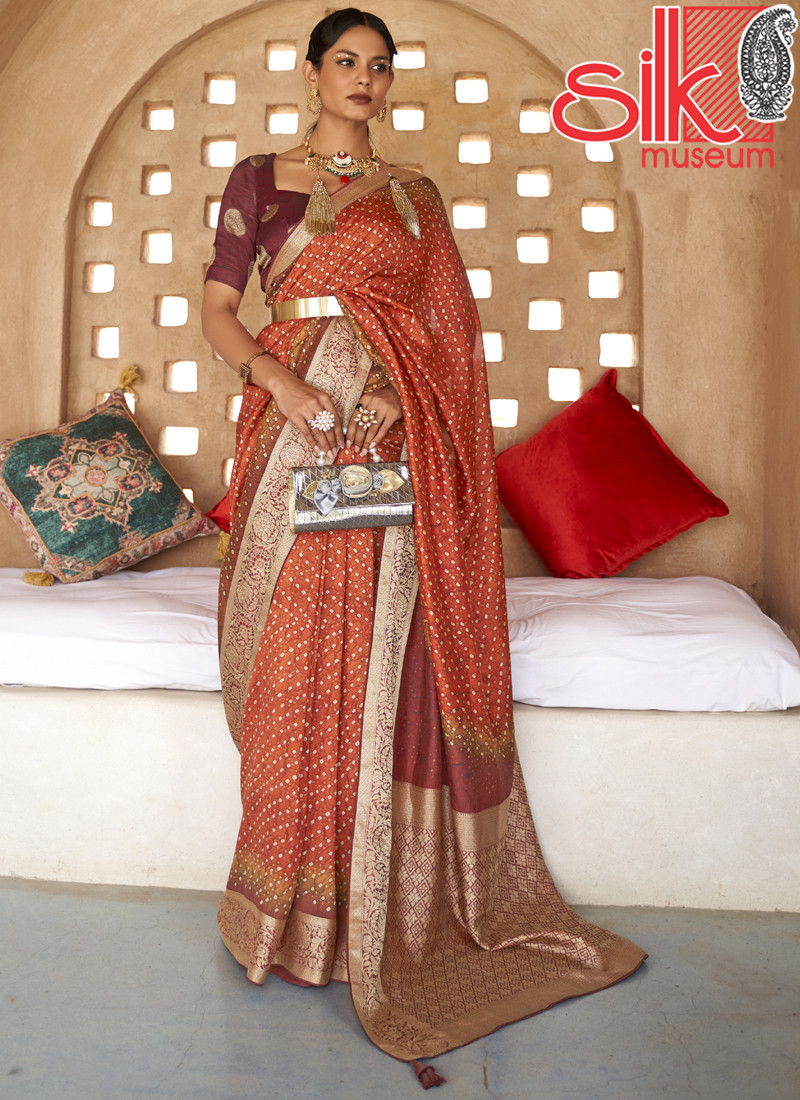 14992 Orange Silk With Jacquard Border Pallu Saree Style Bandhani