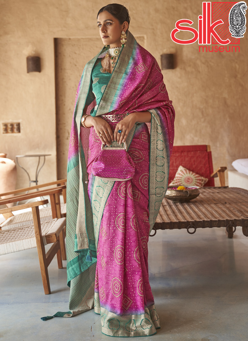 14993 Fuchsia Silk With Jacquard Border Pallu Saree Style Bandhani