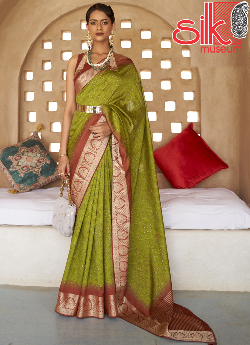 14994 Green Silk With Jacquard Border Pallu Saree Style Bandhani