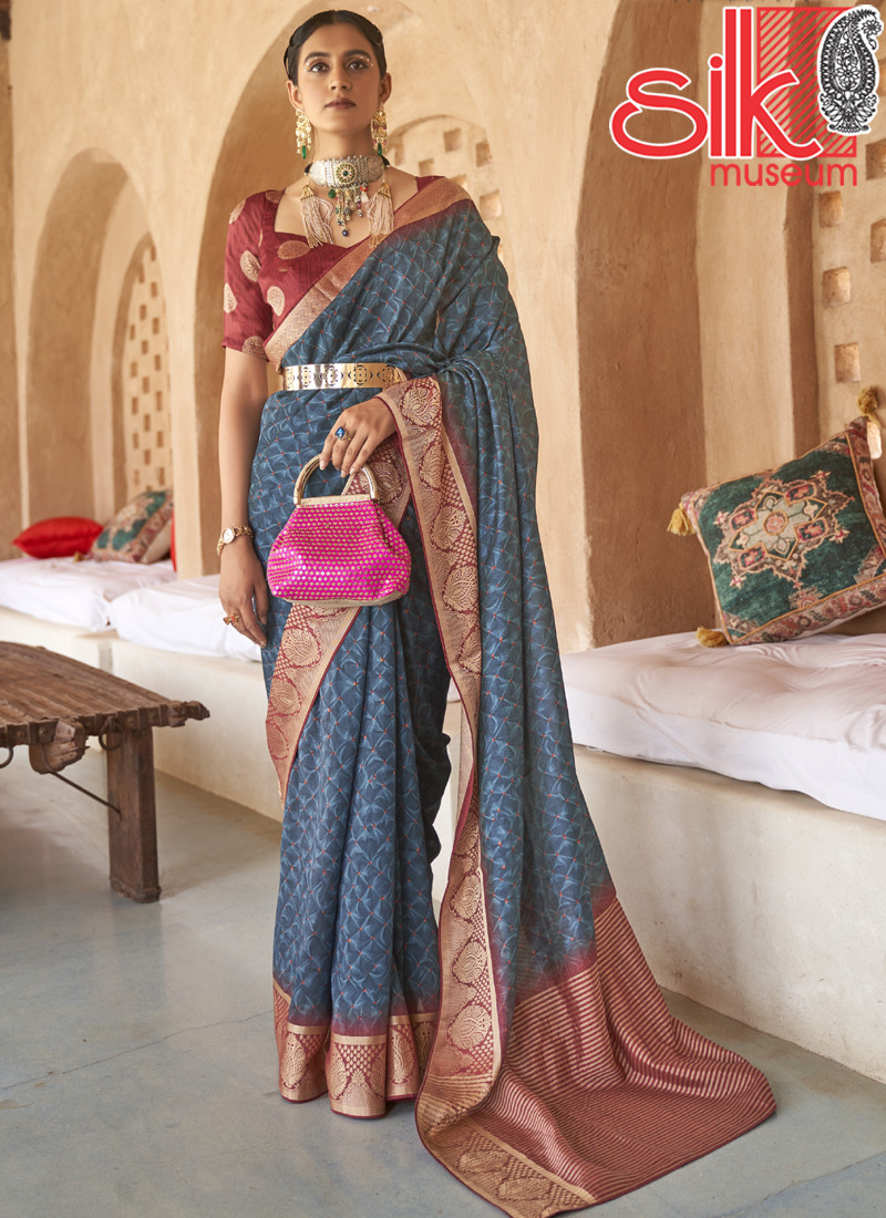 14996 Blue Silk With Jacquard Border Pallu Saree Style Bandhani