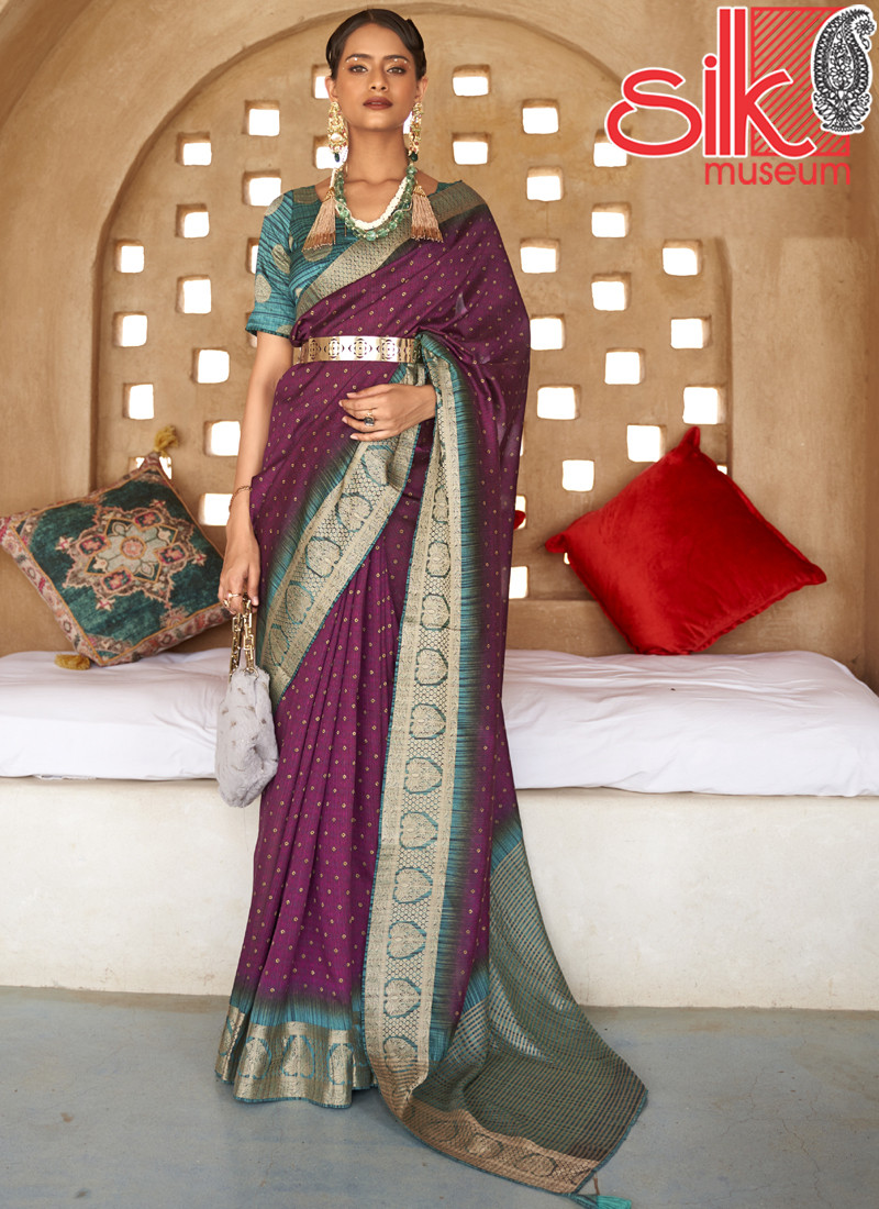14998 Purple Silk With Jacquard Border Pallu Saree Style Bandhani